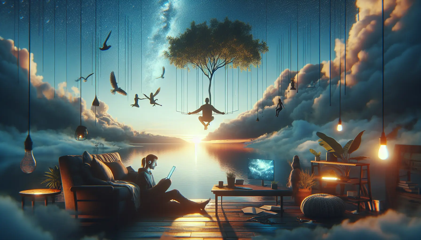 Un'immagine che rappresenta il concetto di minimalismo digitale, con una persona che si gode la natura mentre tiene il telefono in mano, simbolizzando un equilibrio tra tecnologia e vita reale.