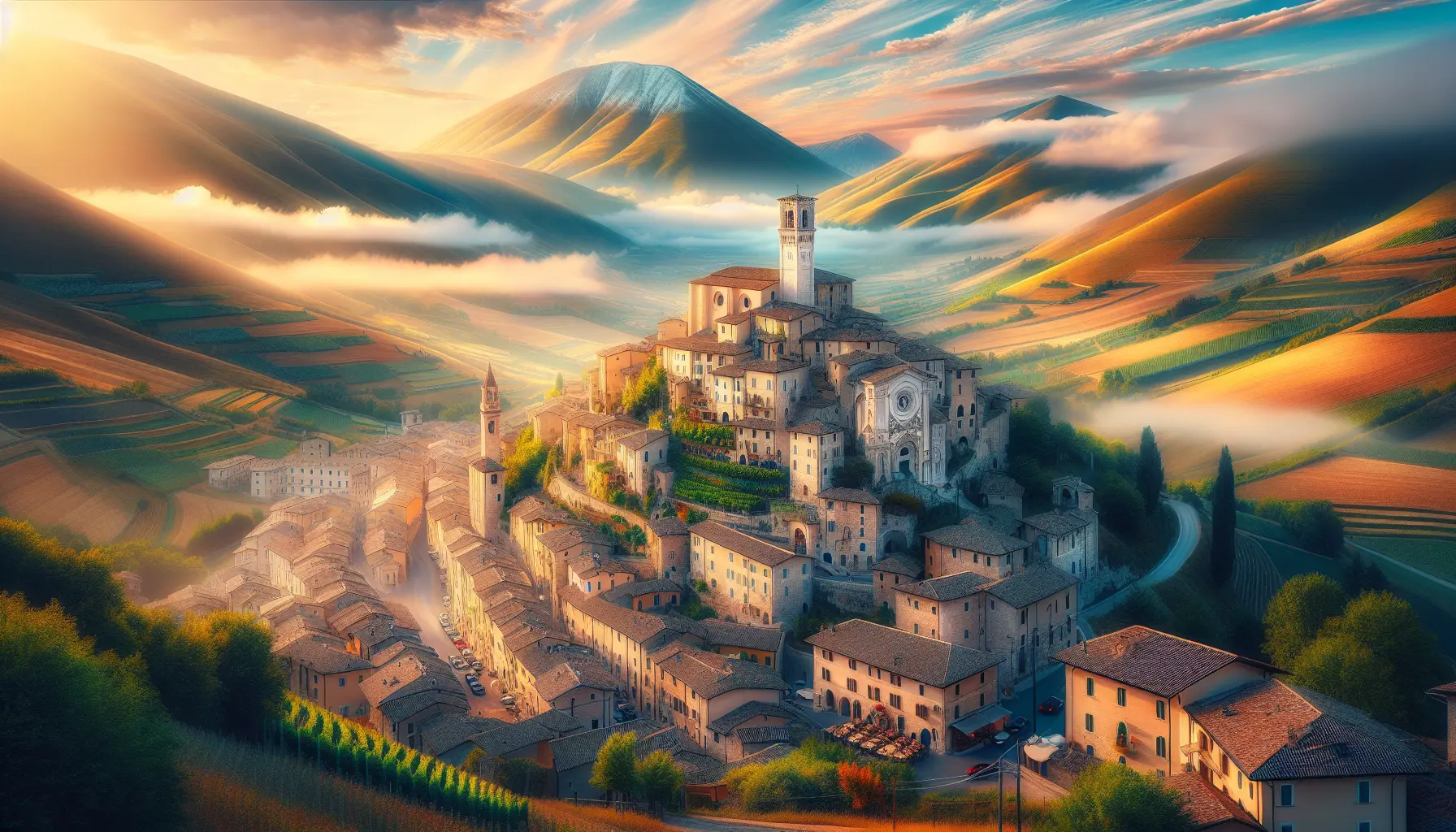 Panorama di Norcia con i Monti Sibillini sullo sfondo, rappresentando la bellezza naturale e culturale del borgo.
