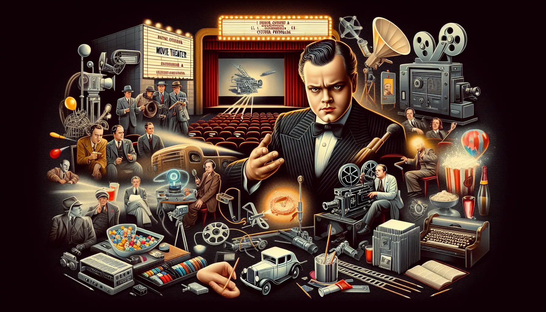 Orson Welles mentre dirige una scena cinematografica, con un'atmosfera intensa e creativa