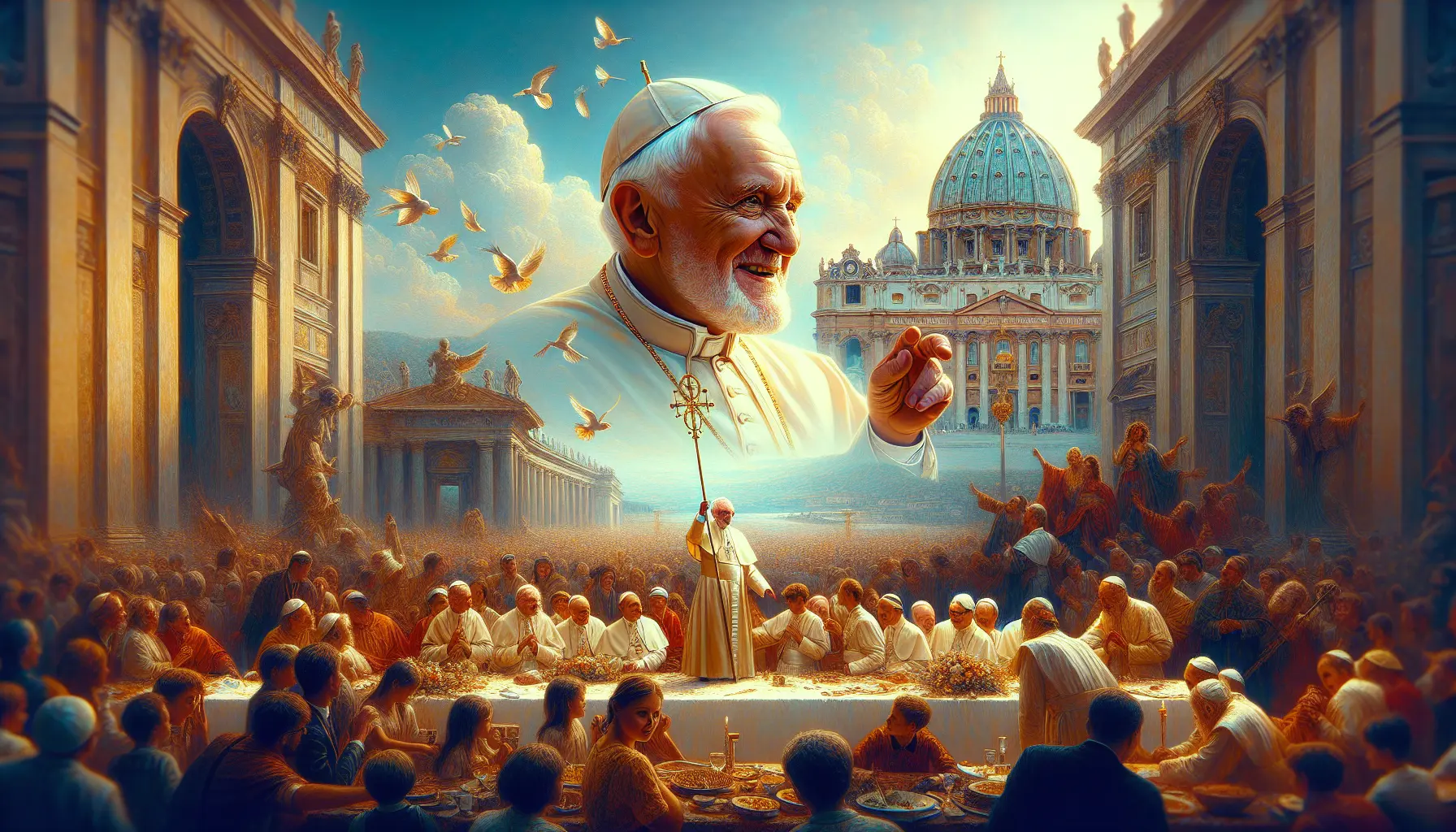 Ritratto di Papa Giovanni XXIII con un'espressione serena e accogliente, simbolo di apertura e dialogo.