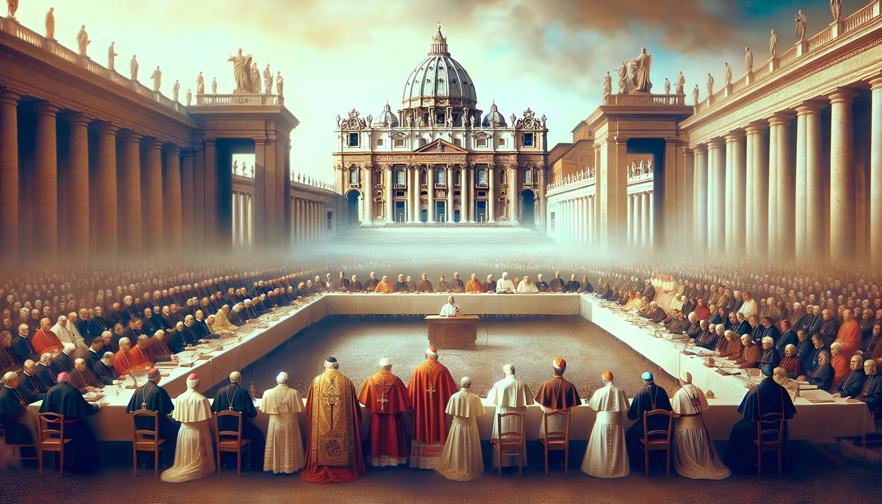 Ritratto di Papa Paolo VI con sfondo di un affollato concilio Vaticano II, simbolo di riforma e dialogo interreligioso.