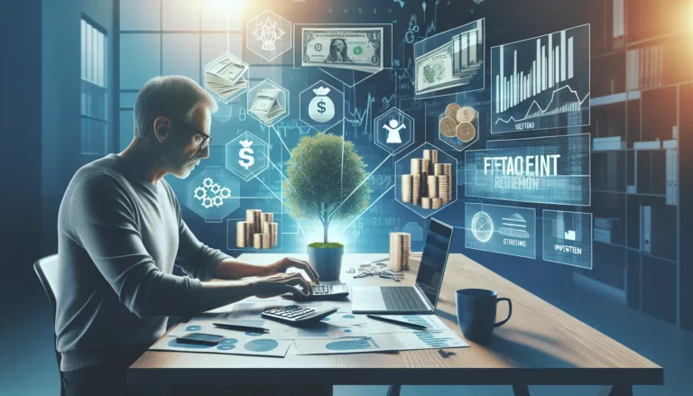 Un gruppo di persone felici che celebra la libertà finanziaria, con grafici e strumenti finanziari sullo sfondo.