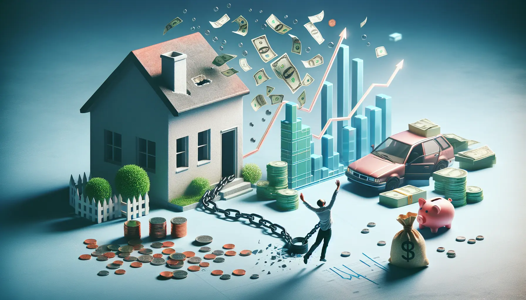 Una giovane coppia felice che pianifica il loro pensionamento anticipato, circondati da grafici finanziari e documenti di investimento.