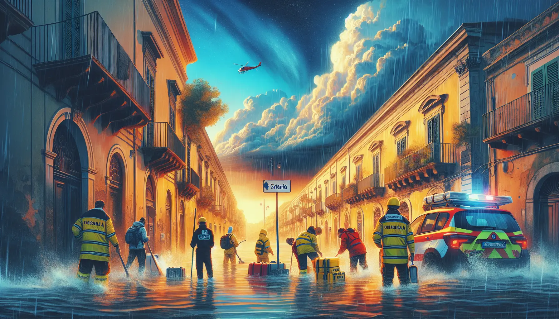 Immagine di una tempesta che si avvicina a Catania, con nuvole scure e lampi nel cielo.