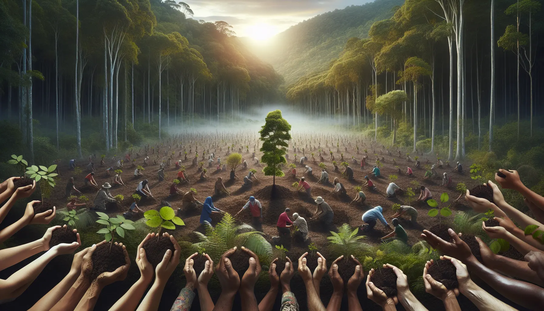 Foresta rigogliosa con alberi alti e verde intenso, simbolo di riforestazione e sostenibilità ambientale.