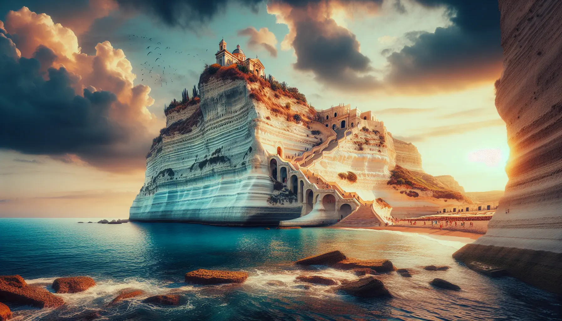Vista panoramica della Scala dei Turchi a Realmonte, Sicilia, con il mare blu e il cielo sereno sullo sfondo.