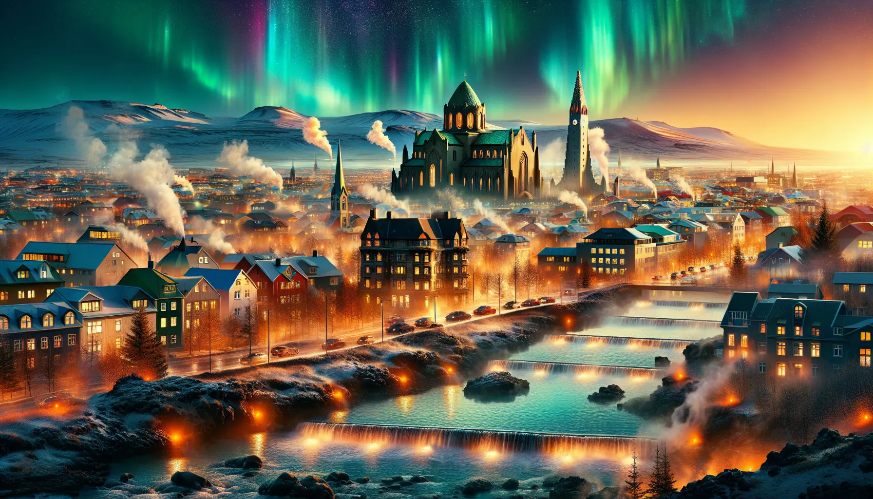 Panorama di Reykjavik con aurore boreali nel cielo notturno