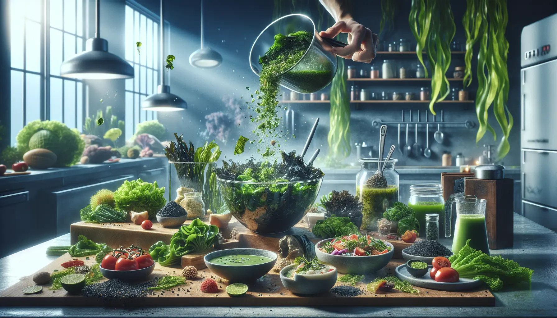 Un piatto colorato di insalata con alghe, avocado e cetriolo, rappresentante un'alimentazione sana e innovativa.