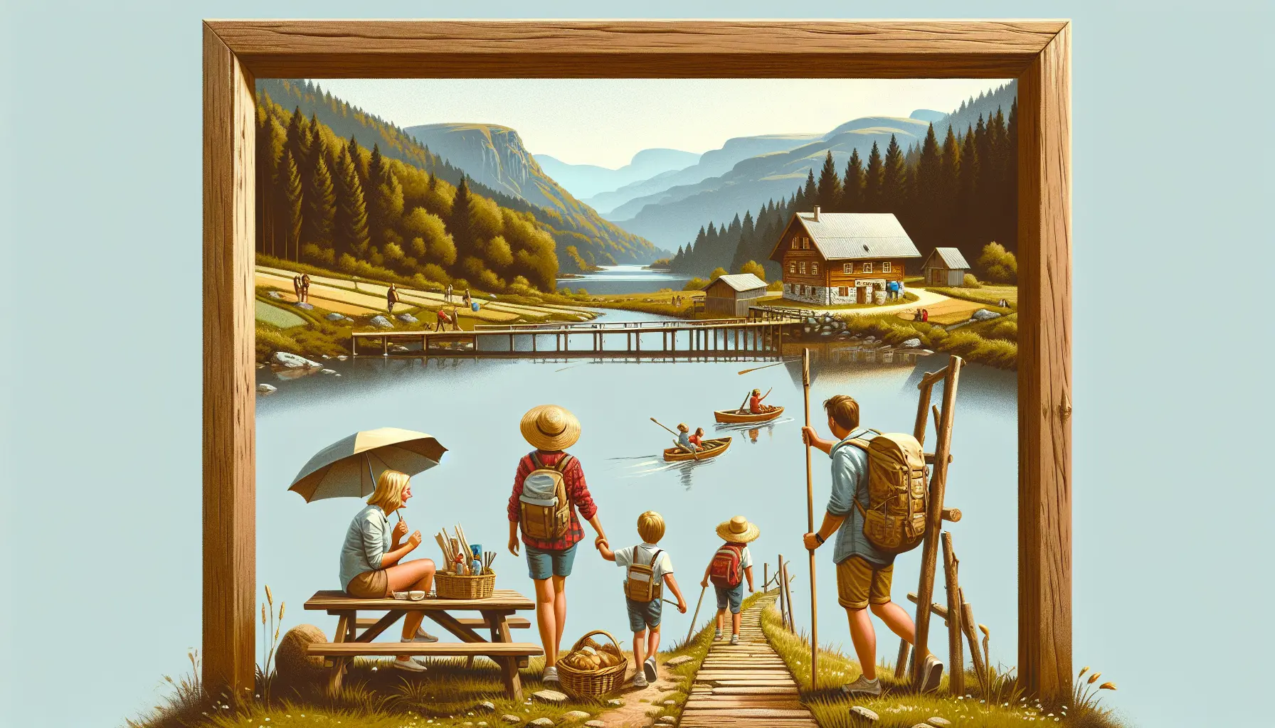 Una famiglia felice esplora un sentiero naturale circondato da boschi e campi verdi, immersa nella tranquillità del turismo rurale.