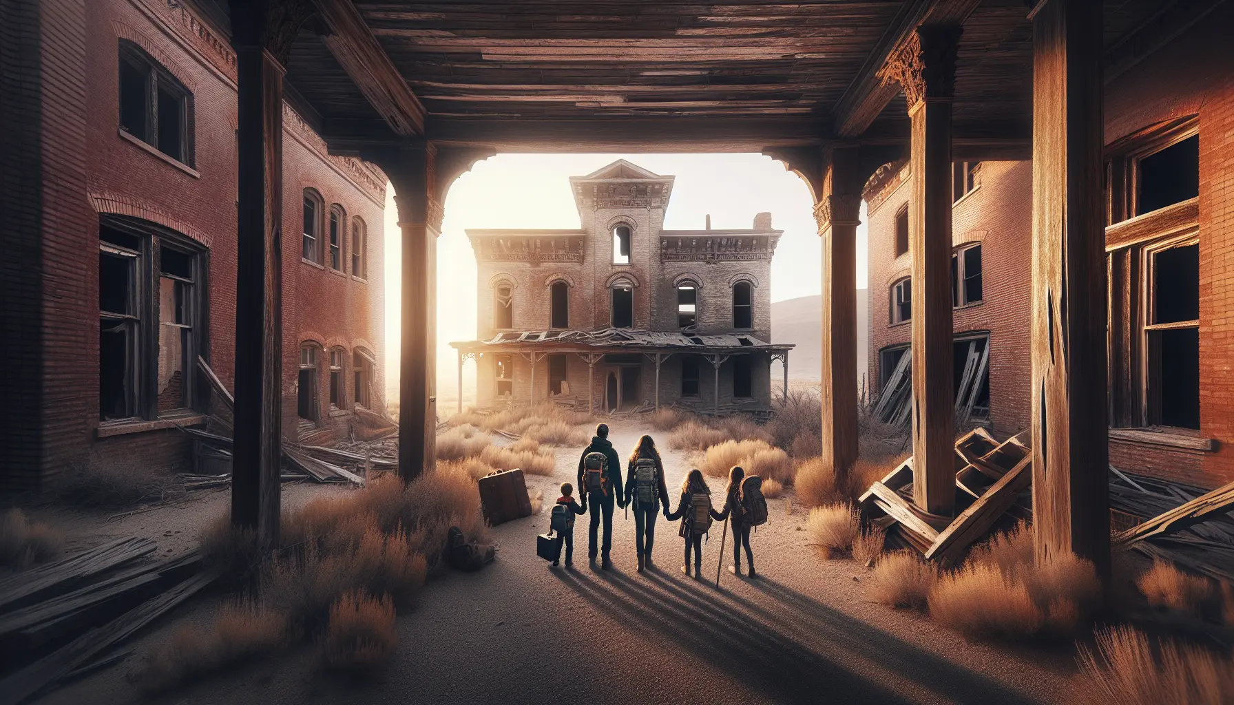 Vista di una città fantasma con edifici abbandonati e natura che riemerge