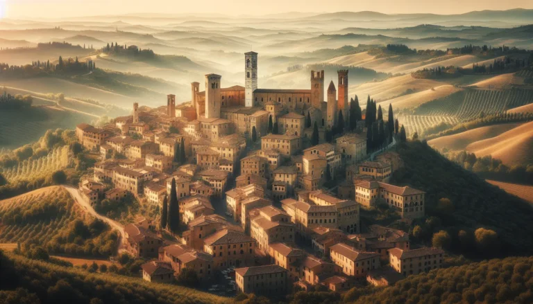 Vista panoramica di San Miniato con i suoi monumenti storici e la campagna toscana sullo sfondo.