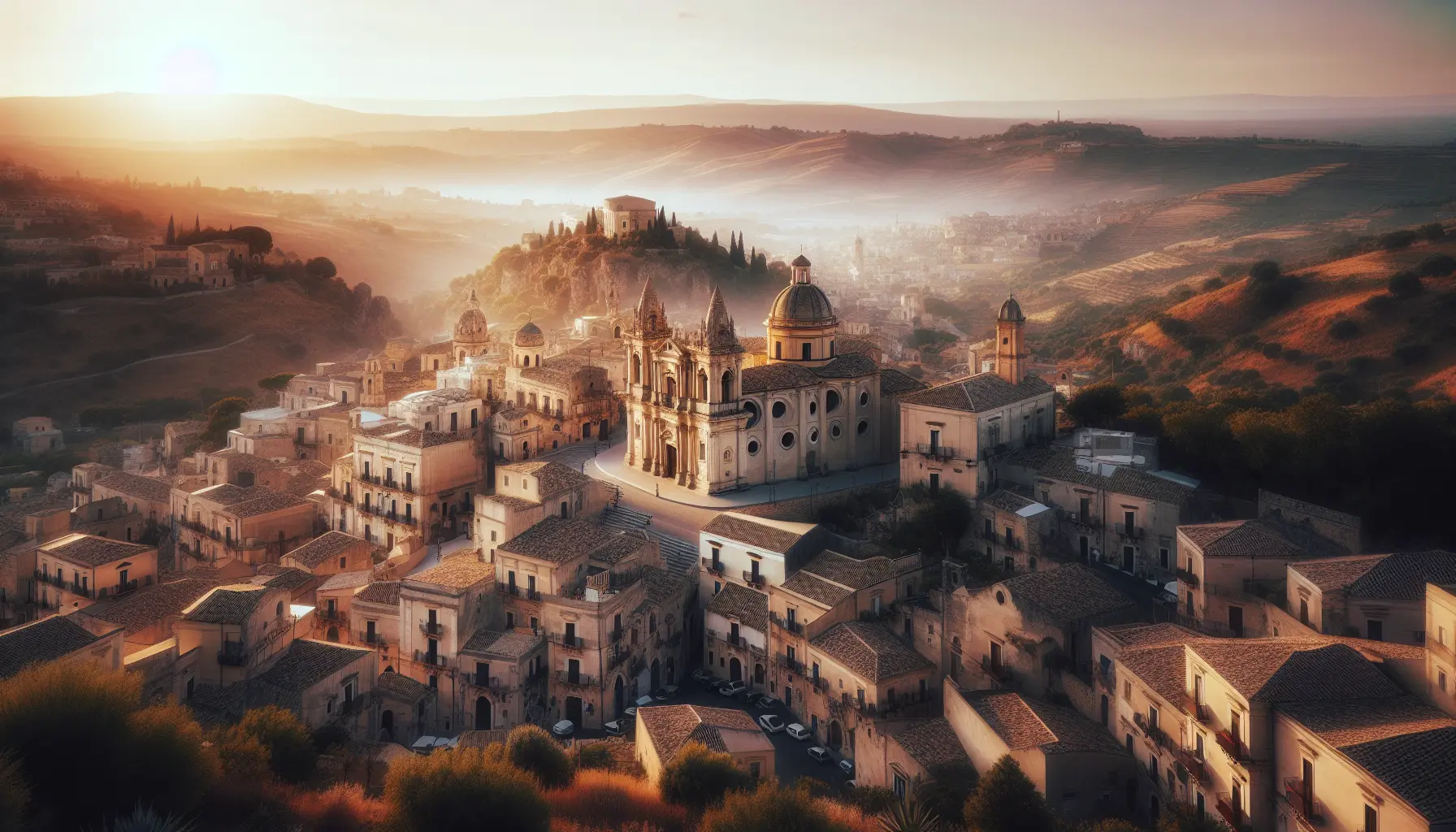 Vista panoramica di Scicli con le sue strade barocche e chiese storiche immerse nel verde delle colline siciliane.