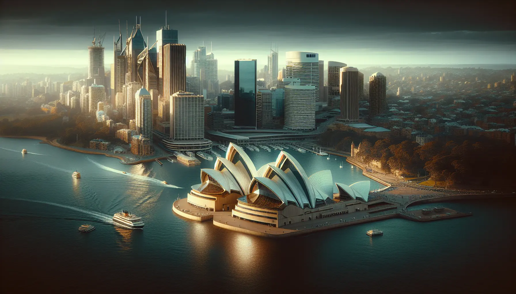 Vista panoramica del Teatro dell'Opera di Sydney con il porto sullo sfondo, evidenziando la sua architettura unica.