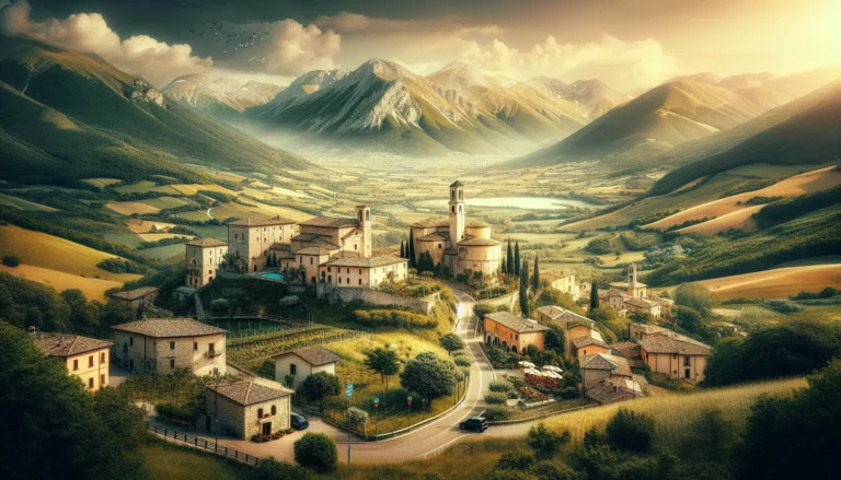 Panorama delle montagne dell'Abruzzo con un lago e un borgo storico in primo piano