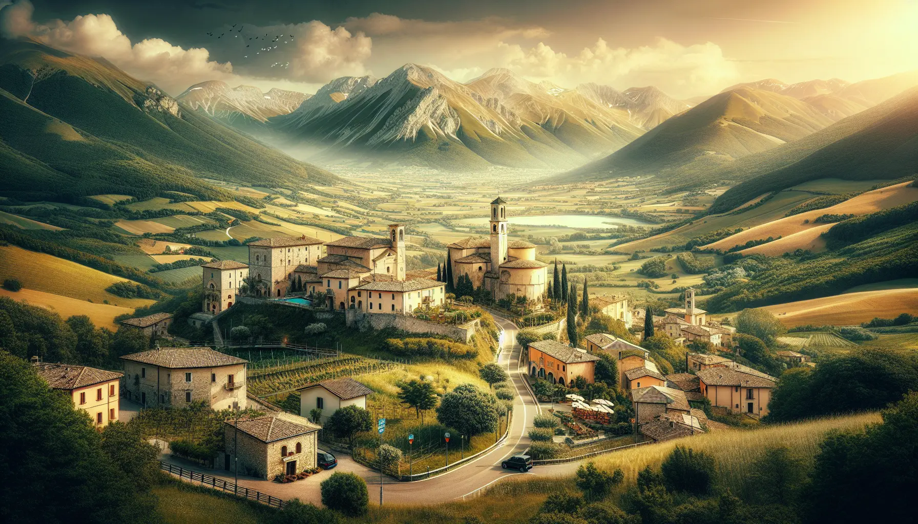 Panorama delle montagne dell'Abruzzo con un lago e un borgo storico in primo piano