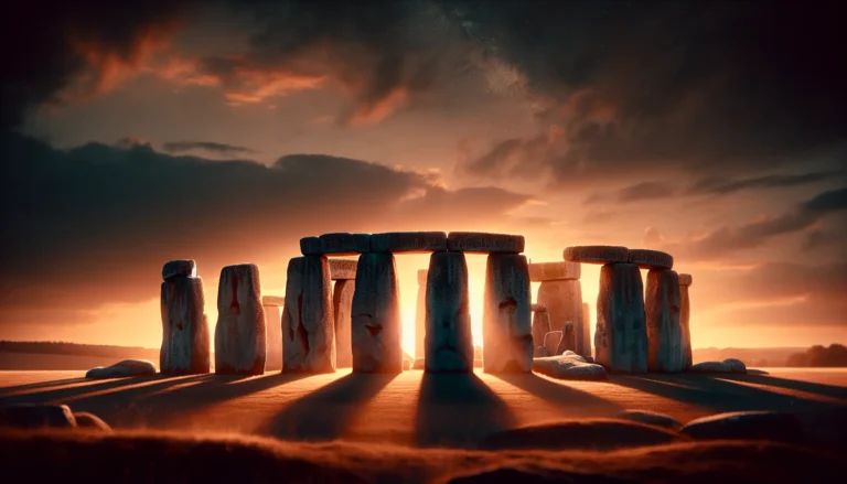 Vista panoramica di Stonehenge con il cielo sereno sullo sfondo, evidenziando le enormi pietre disposte in cerchio.
