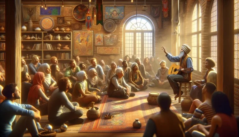 Un gruppo di persone sedute attorno a un fuoco, mentre un anziano racconta storie orali, creando un'atmosfera di connessione e condivisione.