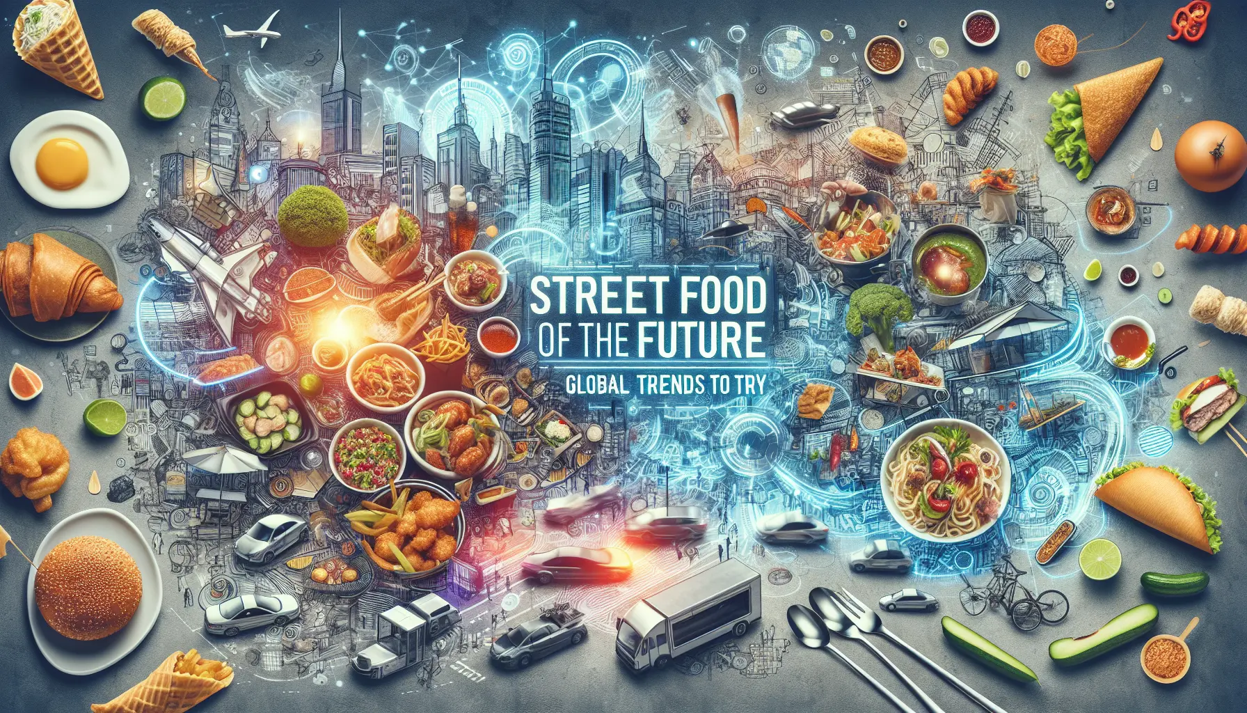 Un food truck che serve piatti di street food innovativi e colorati in un ambiente urbano.
