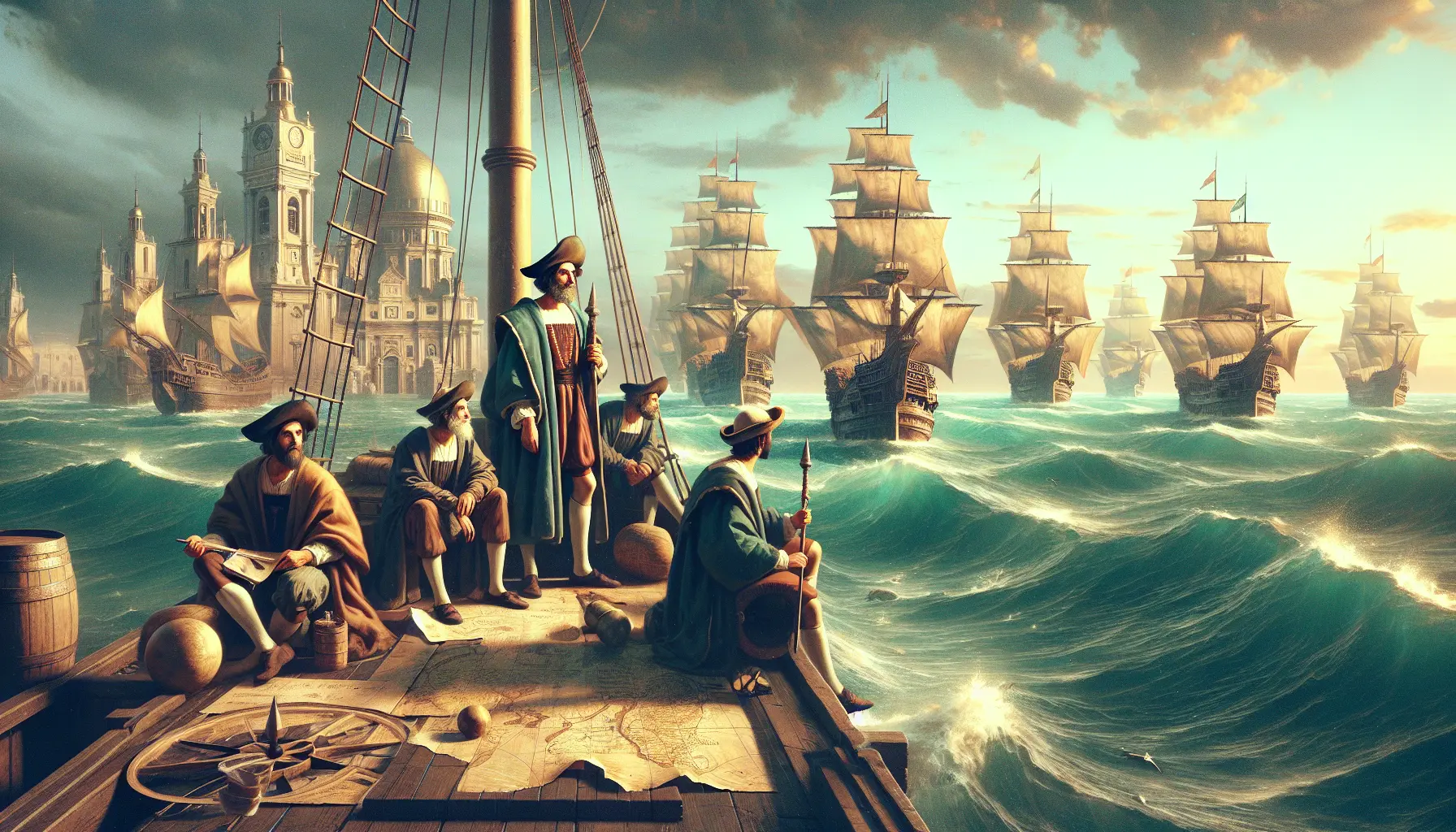 Un'immagine evocativa di una caravella in navigazione sull'oceano, simbolo dell'epoca delle grandi scoperte.