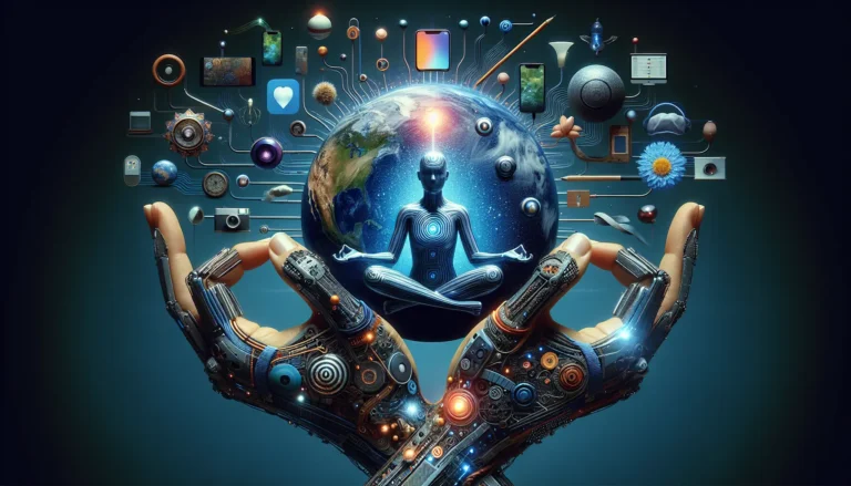 Un'immagine che rappresenta l'interazione tra tecnologia e salute mentale, con dispositivi digitali e simboli di benessere psicologico.