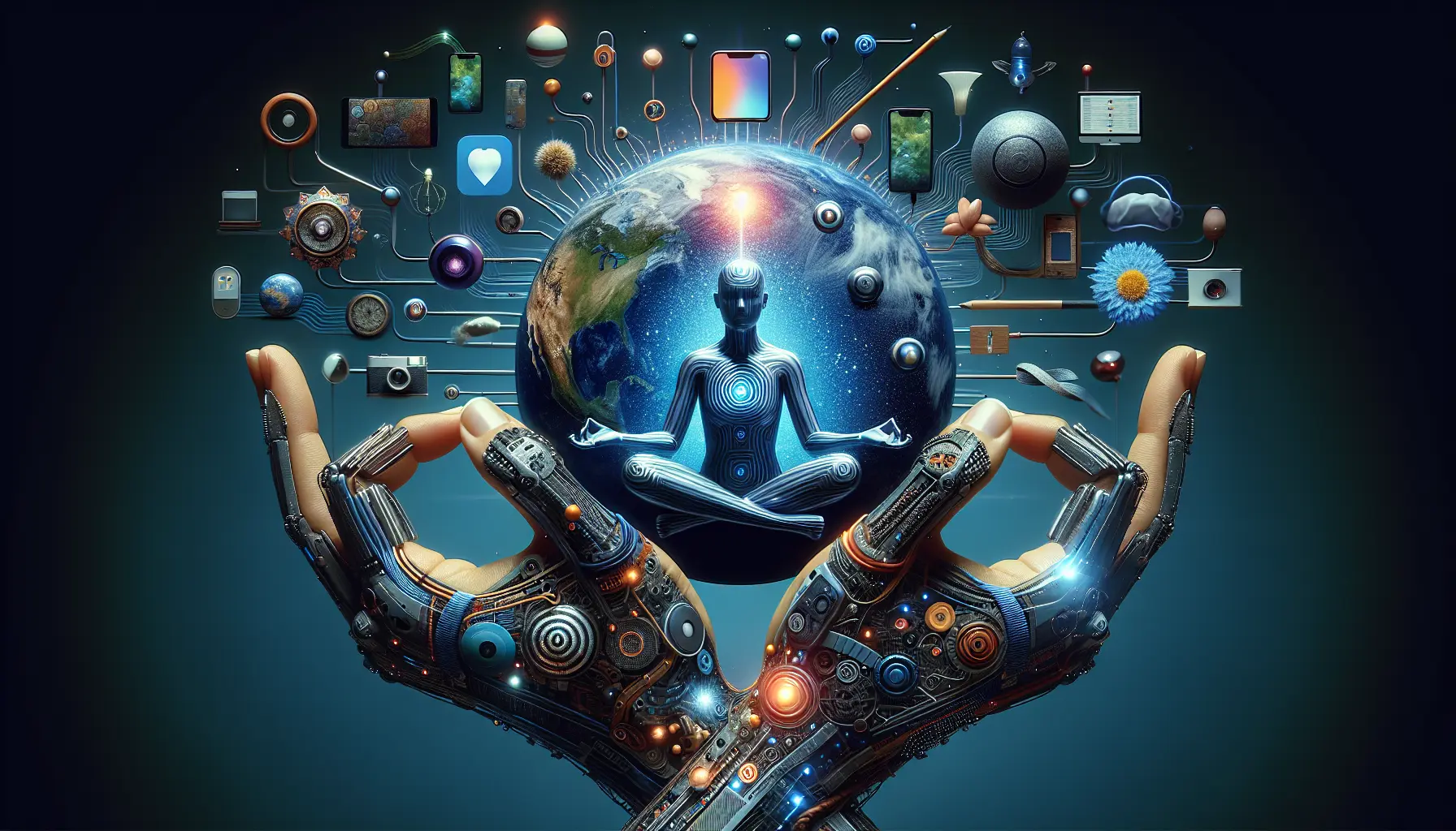Un'immagine che rappresenta l'interazione tra tecnologia e salute mentale, con dispositivi digitali e simboli di benessere psicologico.