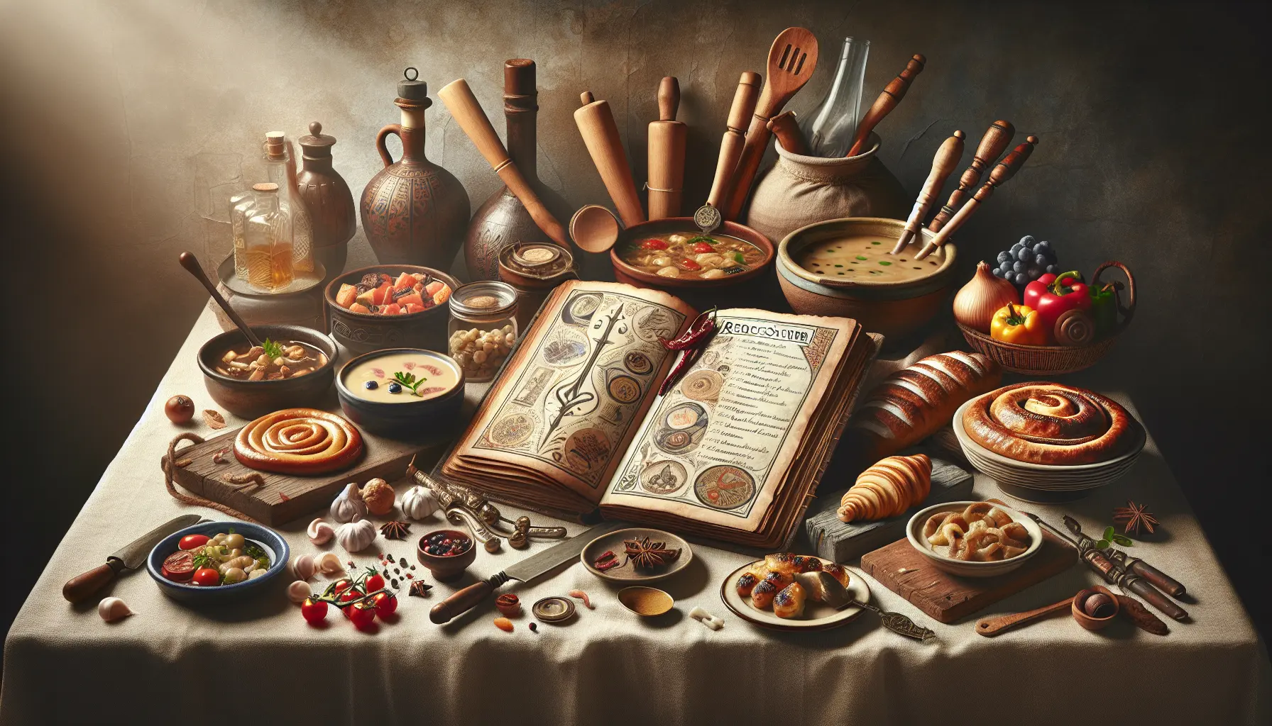 Un tavolo imbandito con piatti tradizionali italiani, rappresentando la cultura gastronomica e le tradizioni culinarie dimenticate.