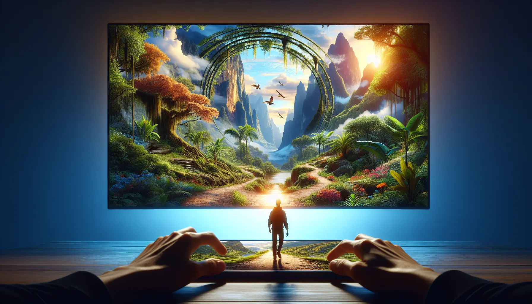 Un'immagine di un paesaggio naturale da esplorare virtualmente, come una montagna o una cascata.