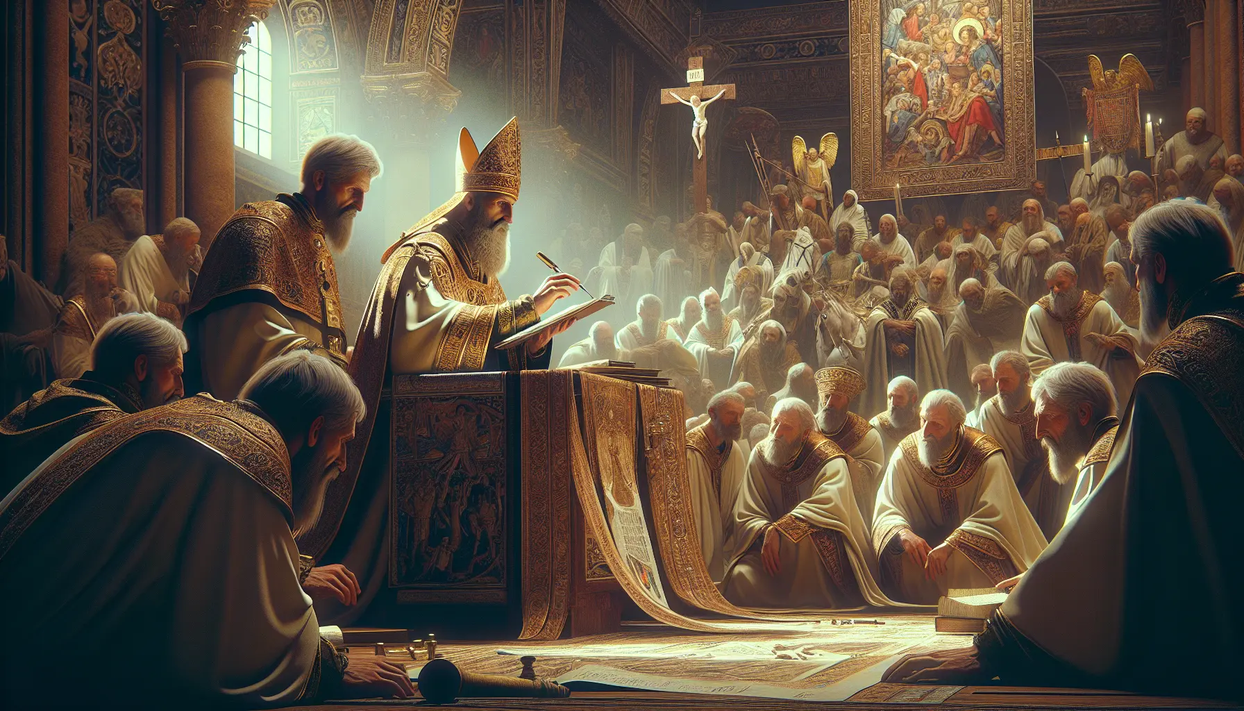 Un antico manoscritto che racconta la storia di Ursino, il vescovo di Roma, con immagini di basiliche romane e simboli cristiani.