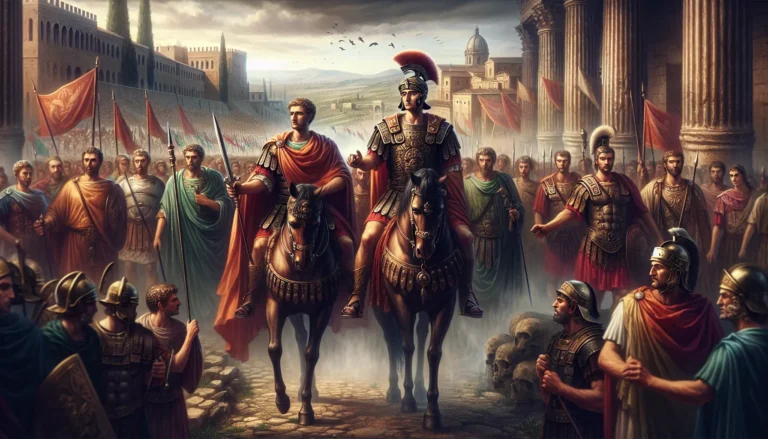 Rappresentazione storica di Valentiniano III, imperatore romano d'Occidente, in un contesto di crisi e trasformazione dell'impero.