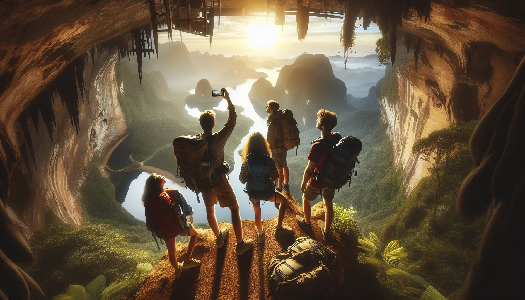 Un gruppo di viaggiatori cammina lungo un sentiero nella natura, immersi in un paesaggio sereno, simbolo di viaggi lenti e consapevoli.