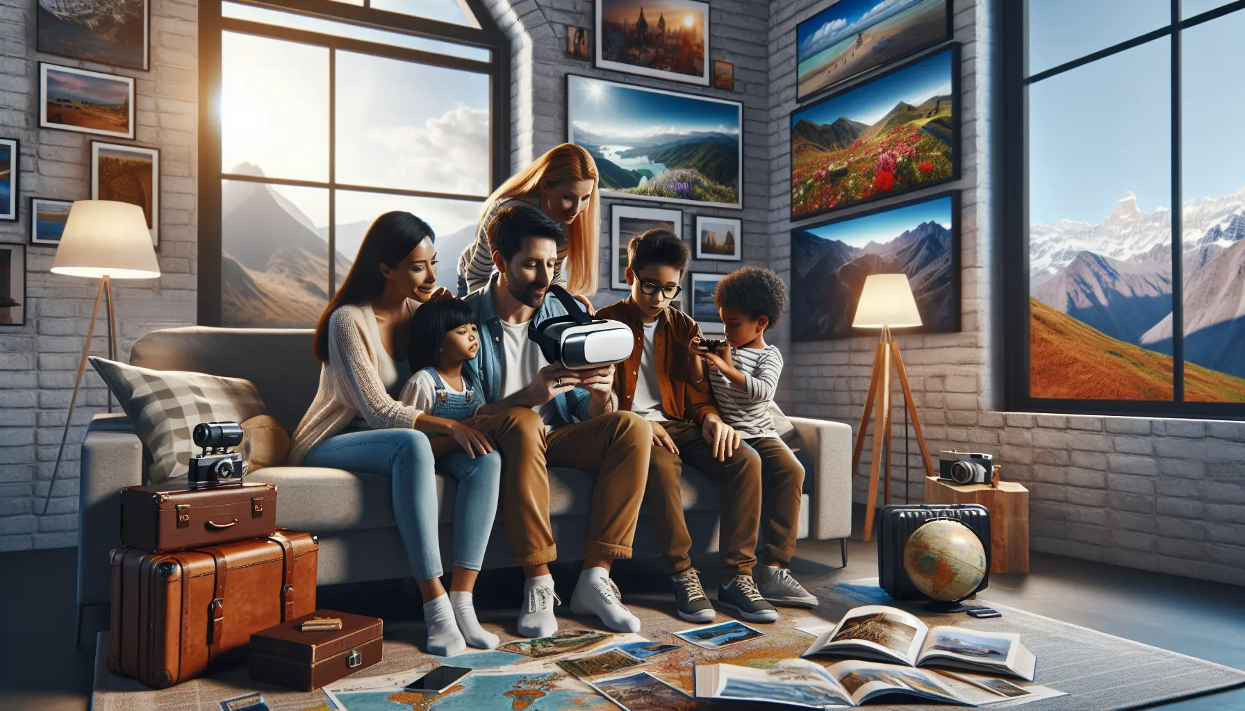 Una famiglia che esplora il mondo virtualmente attraverso un computer, immersi in un'avventura educativa.