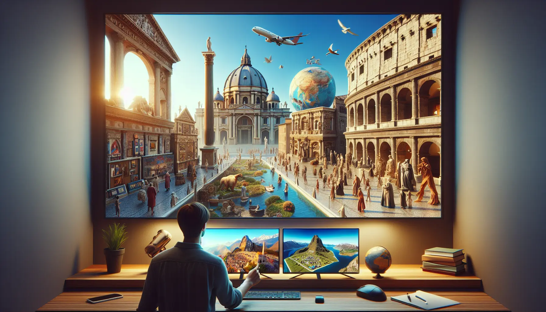 Un giovane avventuriero esplora un viaggio virtuale attraverso un paesaggio naturale mozzafiato.
