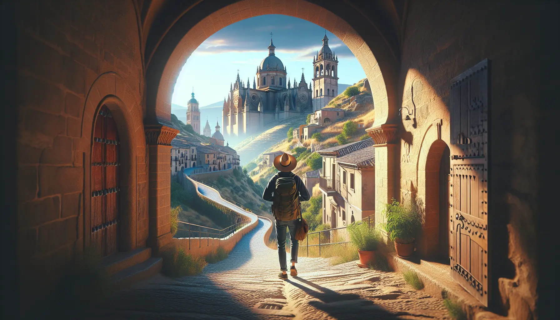 Viaggiatore che esplora un sentiero naturale immerso nella cultura locale