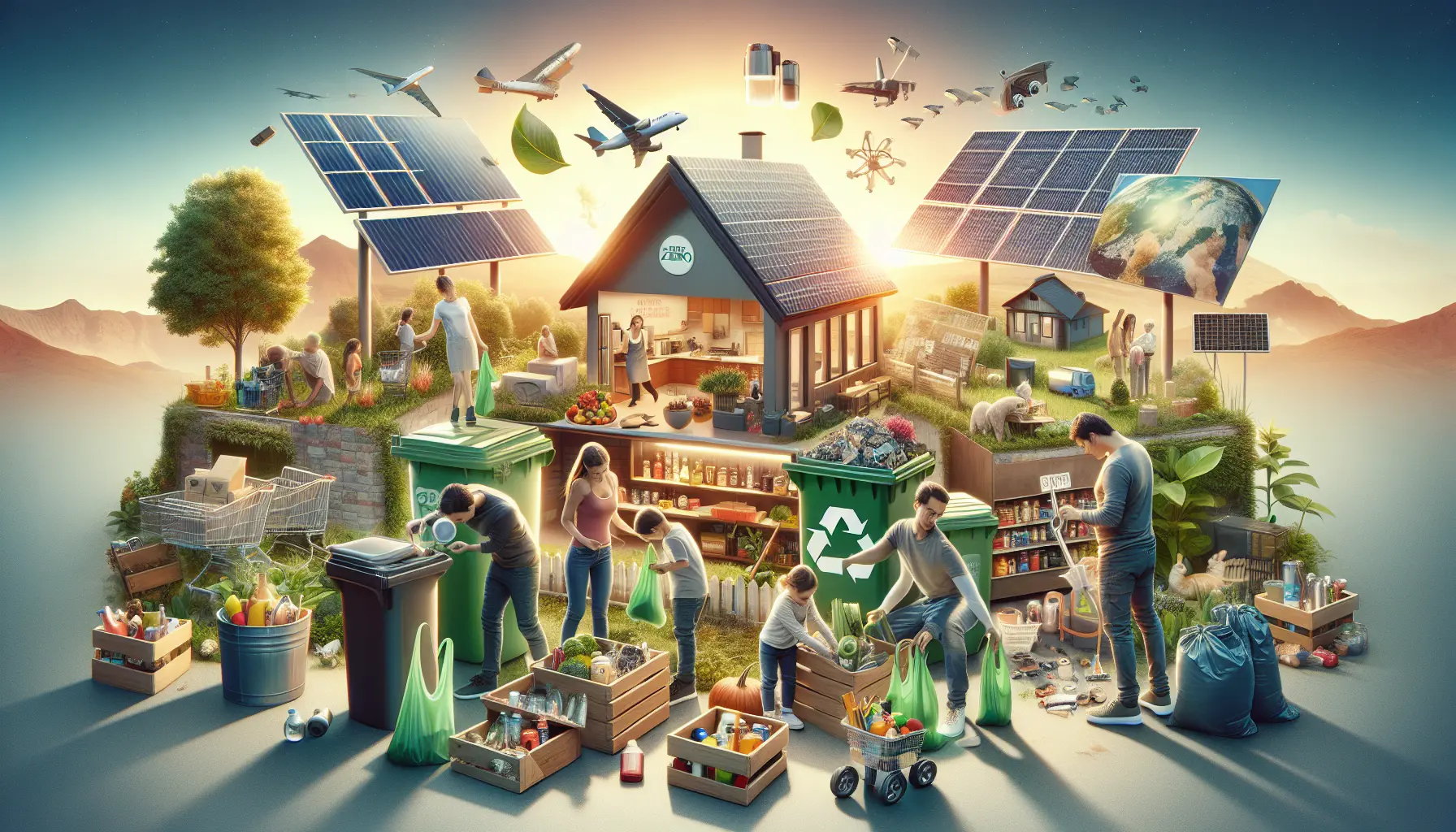 Una famiglia impegnata in attività di riciclaggio e compostaggio, circondata da materiali riutilizzabili.