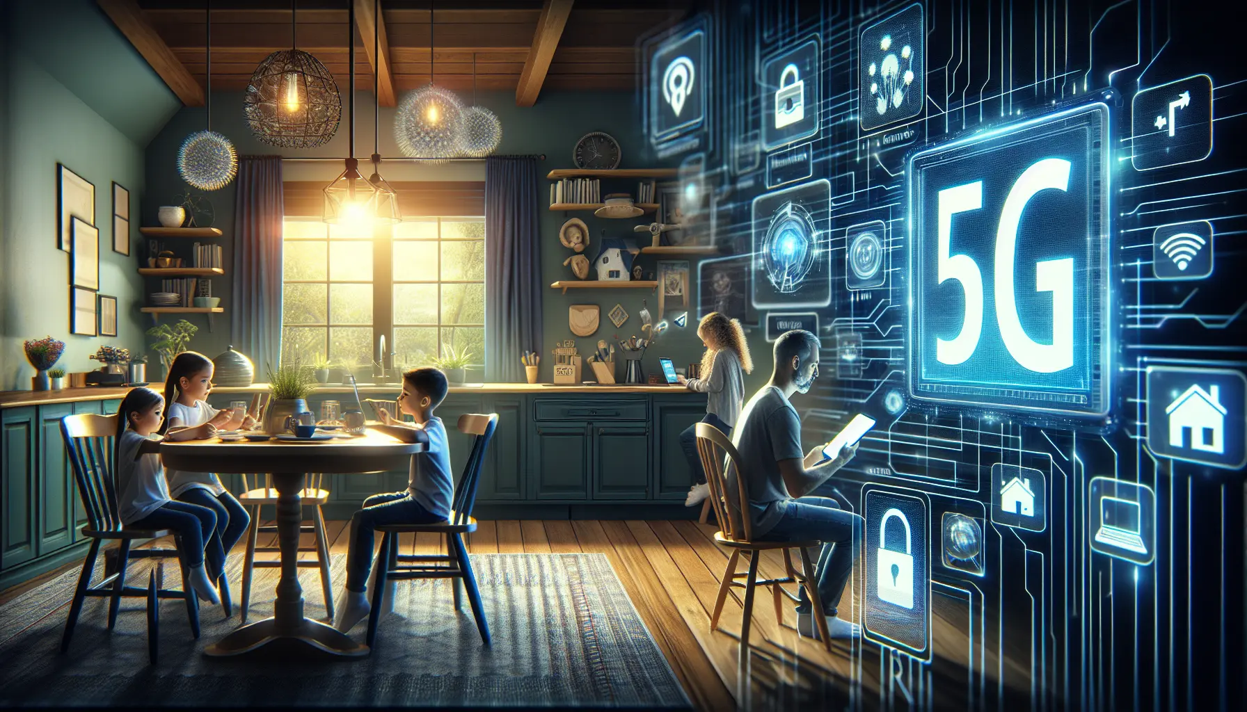 Famiglia che utilizza dispositivi connessi in un ambiente domestico intelligente