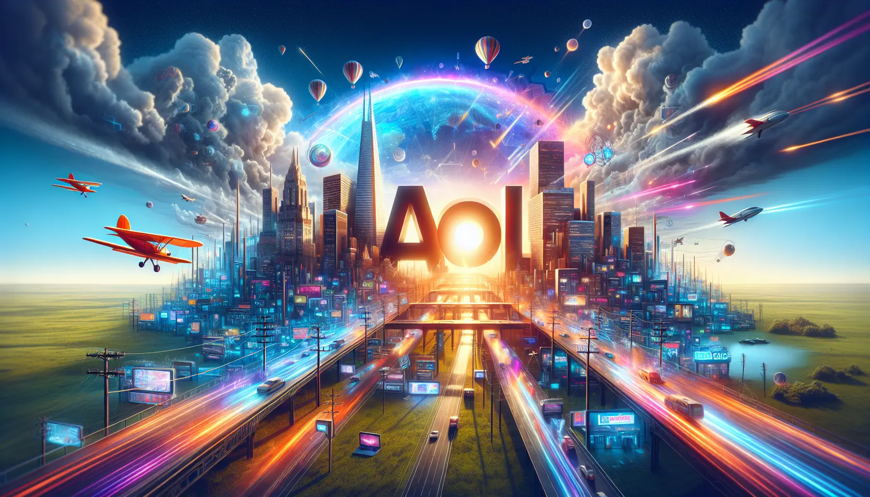 Rappresentazione della trasformazione digitale attraverso AOL, con simboli di innovazione e connessione.