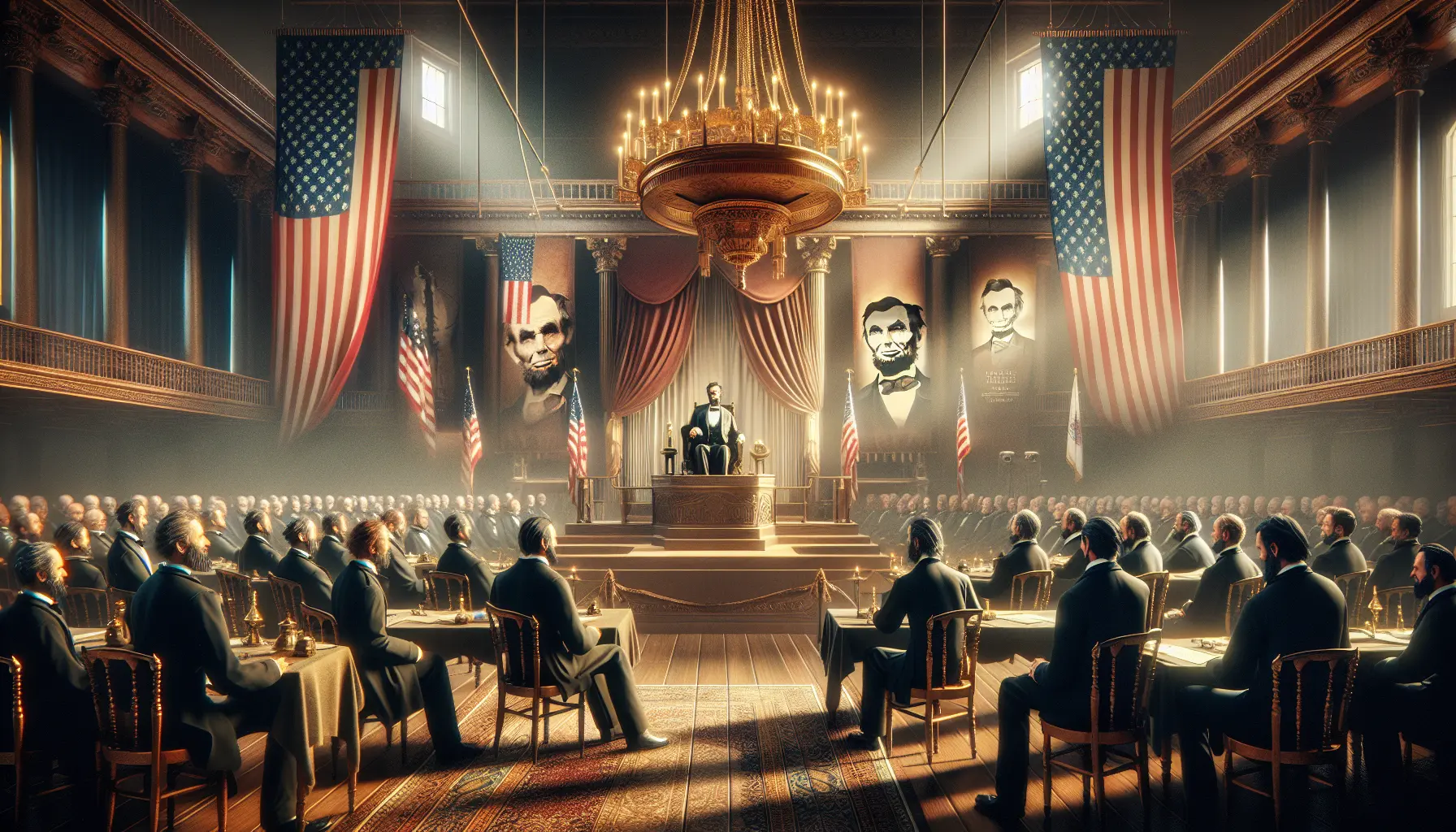 Ritratto di Abraham Lincoln con sfondo storico, simbolo di unità e progresso nella storia americana.