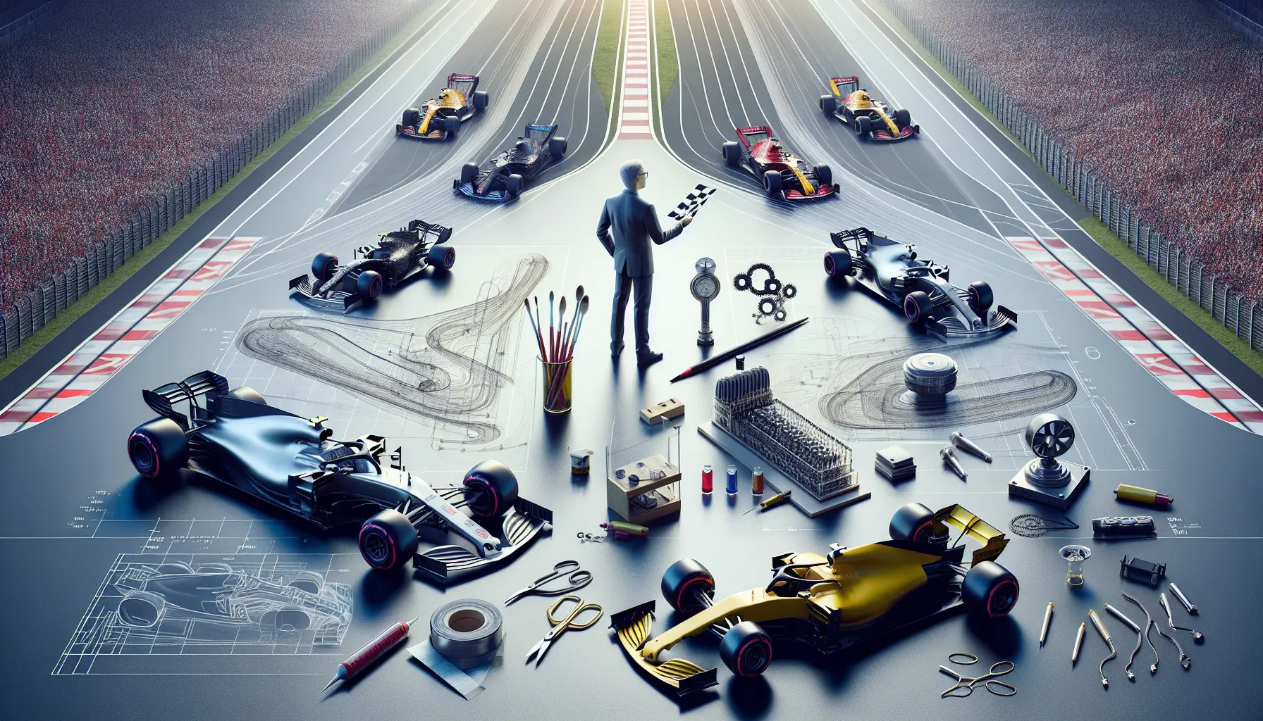 Adrian Newey mentre lavora su un modello di auto da corsa, circondato da strumenti di progettazione e grafica aerodinamica.