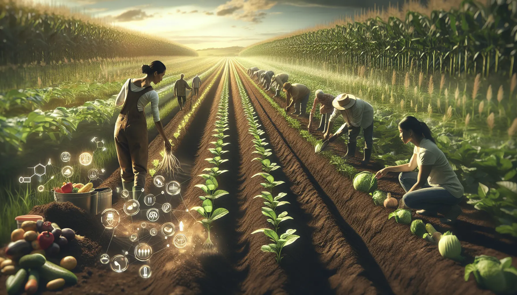 Un campo agricolo rigenerativo con piante diverse e un suolo sano