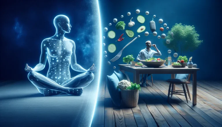 Una persona che pratica mindfulness mentre mangia, riflettendo su scelte alimentari consapevoli.