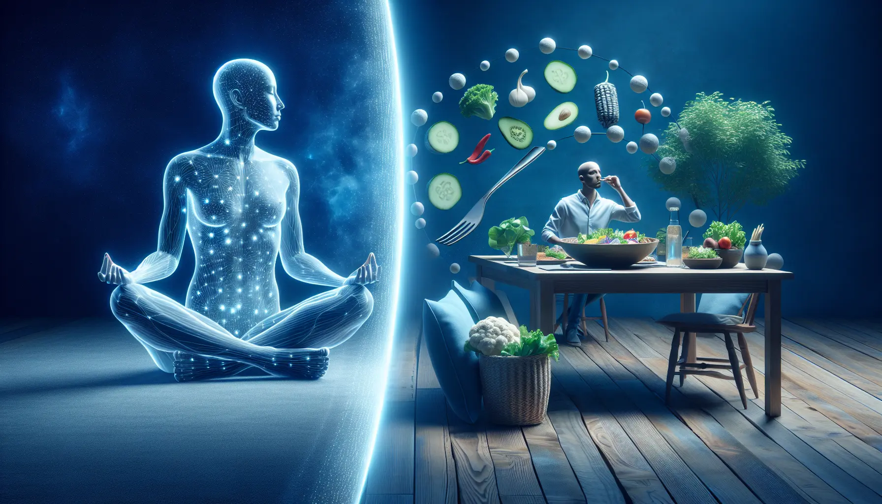 Una persona che pratica mindfulness mentre mangia, riflettendo su scelte alimentari consapevoli.