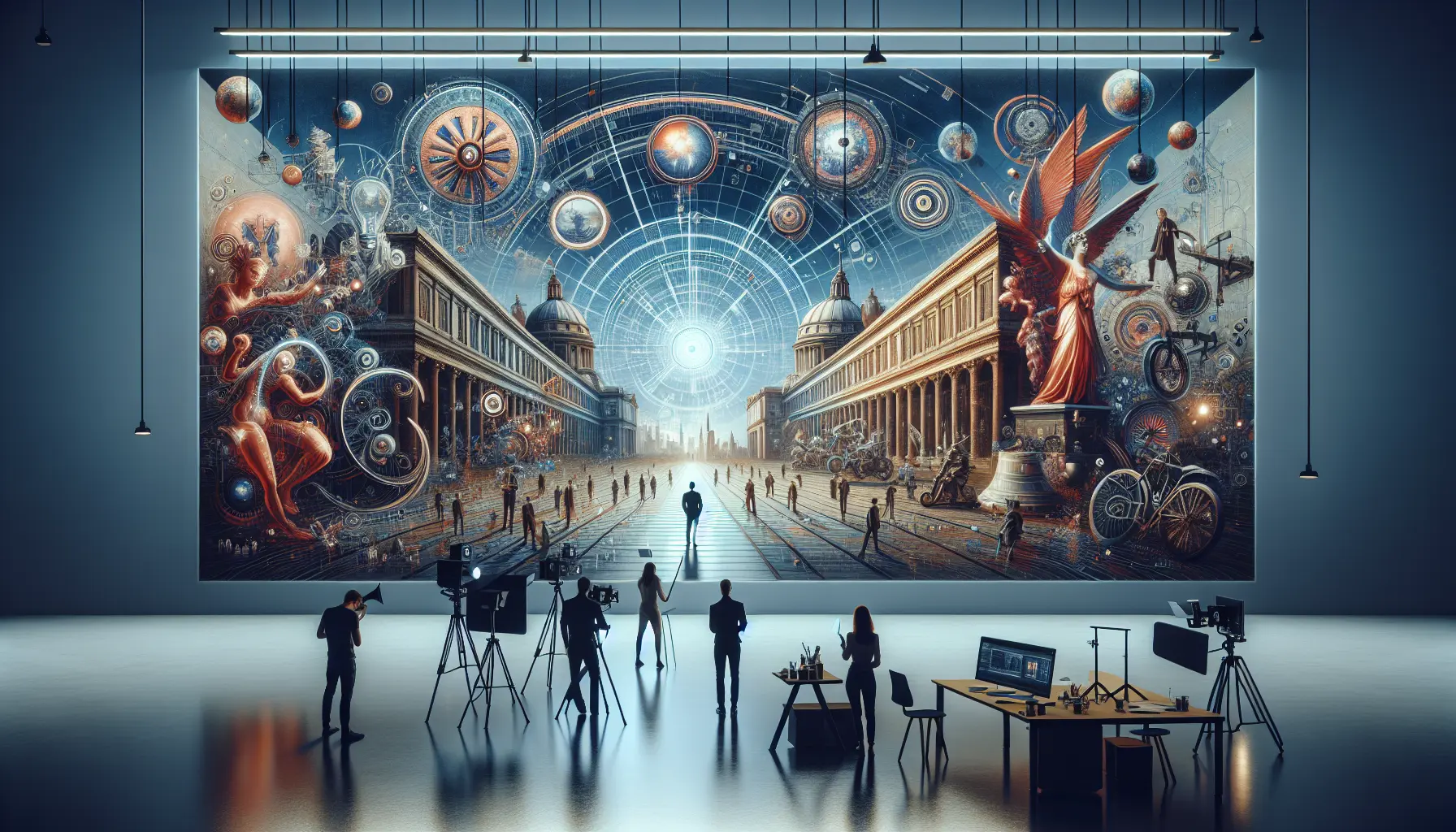 Un'installazione artistica immersiva che combina elementi digitali e tradizionali, rappresentando l'intersezione tra arte e tecnologia.