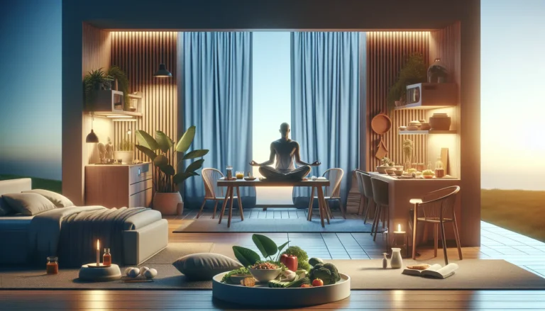 Un'immagine che rappresenta la meditazione e il rilassamento, con una persona seduta in posizione di loto in un ambiente naturale sereno.