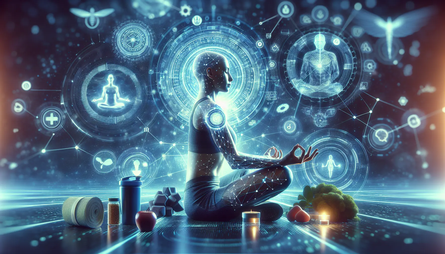 Un'immagine che rappresenta il concetto di biohacking, mostrando una persona che pratica meditazione e alimentazione sana in un ambiente rilassante.