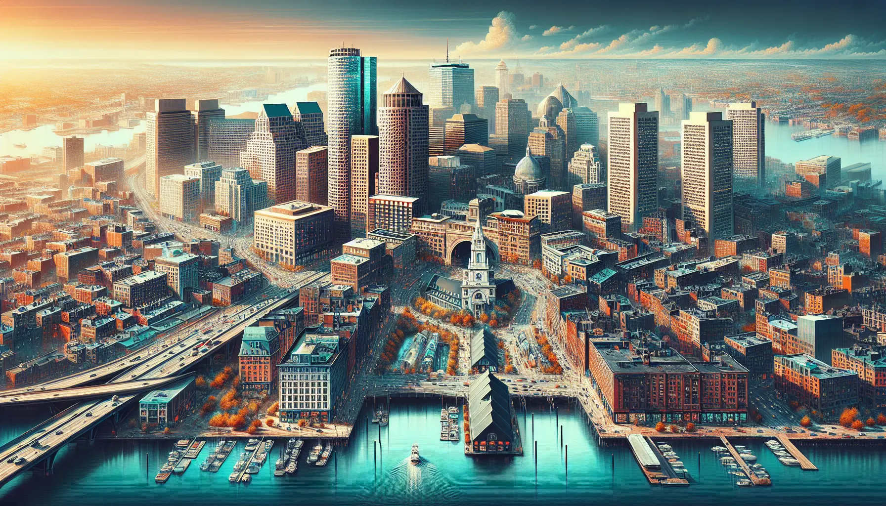 Vista panoramica di Boston con i suoi grattacieli e il porto, rappresentativa della storia e della cultura della città.