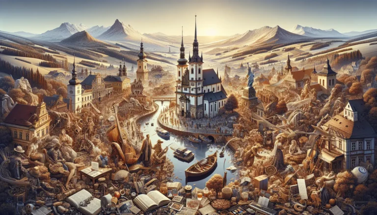 Un collage di elementi culturali cechi e slovacchi, tra cui danze folkloristiche, opere letterarie e paesaggi storici.