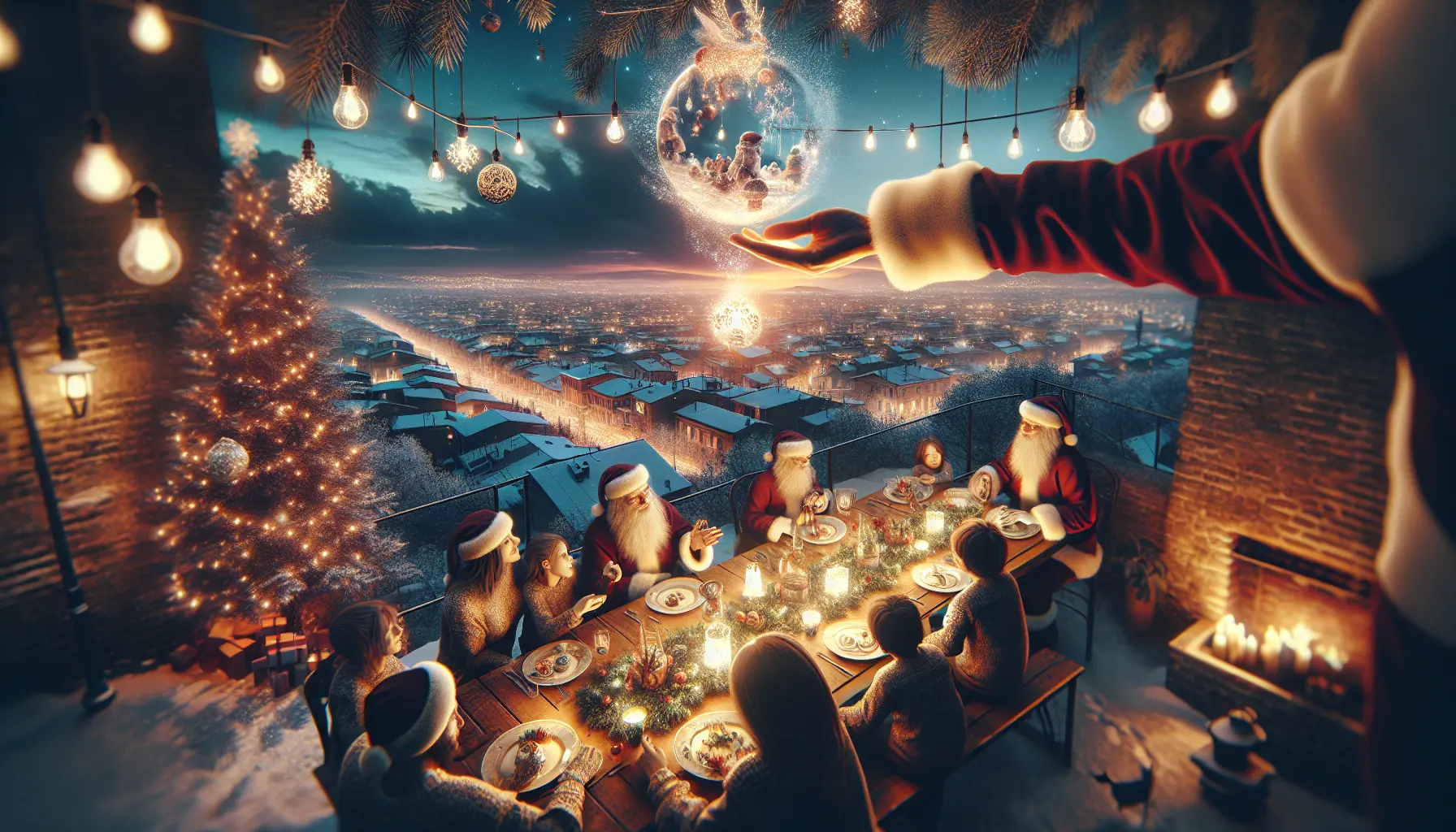 Famiglia che celebra il Natale attorno a un tavolo, immersi in momenti di gioia e condivisione.