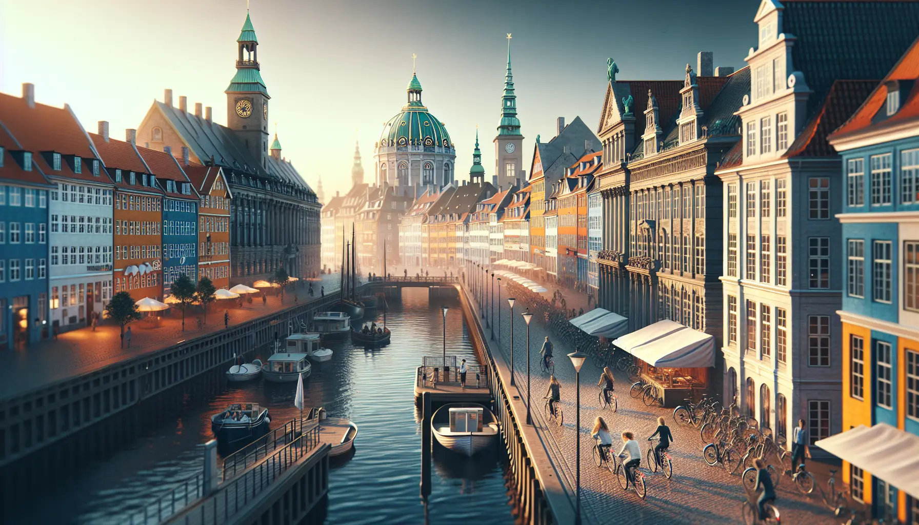 Vista panoramica di Nyhavn a Copenaghen, con le sue case colorate e i ristoranti affacciati sul canale.