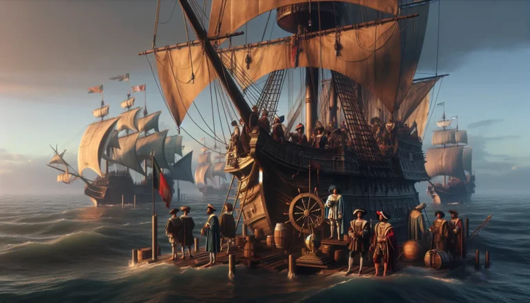 Cristoforo Colombo in navigazione verso le Americhe, con il mare blu e le navi storiche sullo sfondo.
