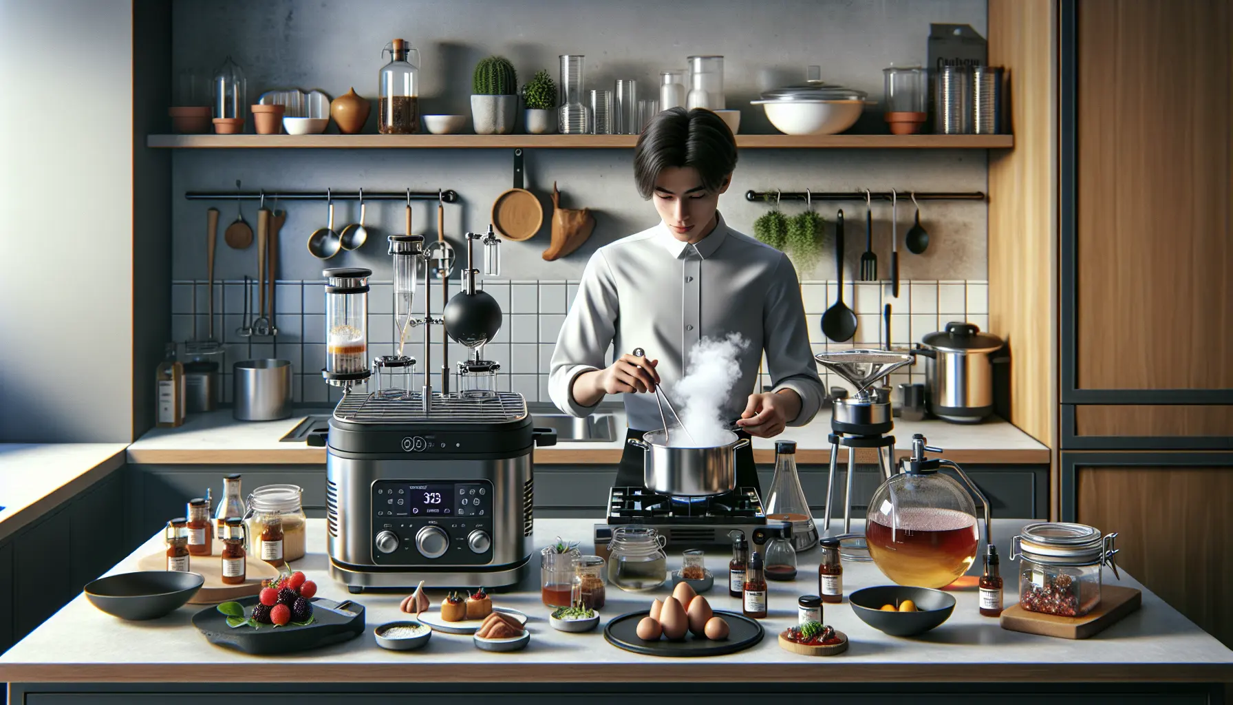 Un piatto di cucina molecolare con sfere di succo di frutta e schiuma di cioccolato, presentato in modo creativo.